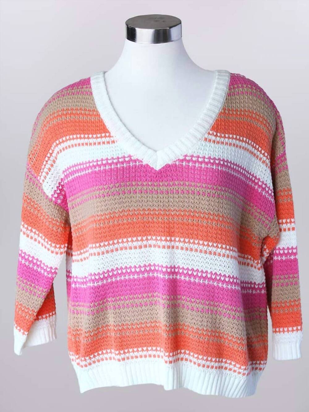 NEW KEREN HART women's knit v-neck striped sweater in pink and coral